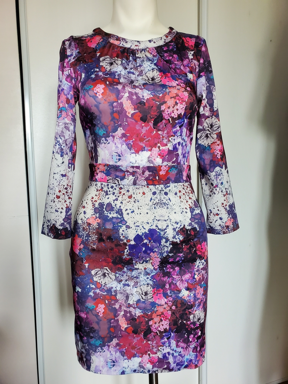 H&M Purple and Pink Floral Long-Sleeve Sheath Dress